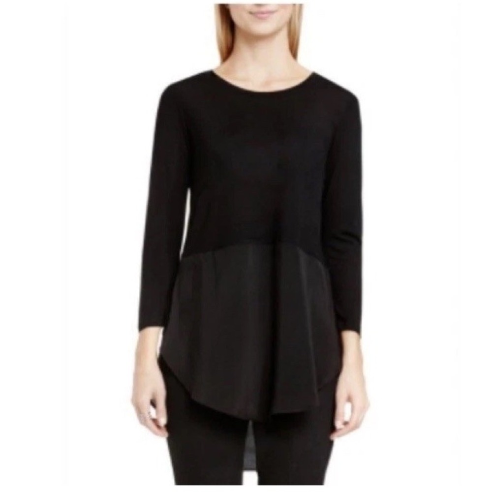 Two by Vince Camuto Black Mixed Media Tunic Top Long Sleeve Rayon Large Minimal